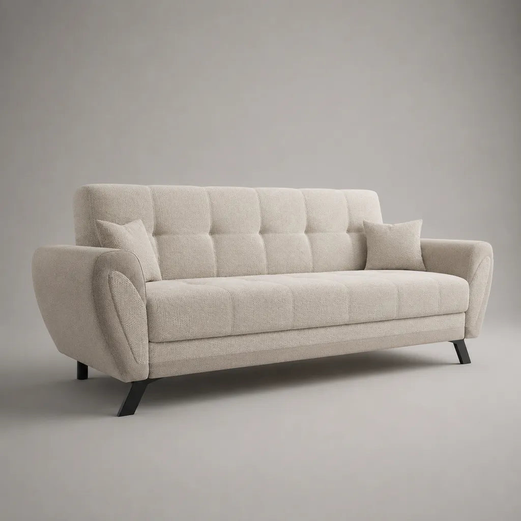 Canapé 3 places avec 2 coussins, tissu polyester, beige et noir, 210 × 88 × 86 cm