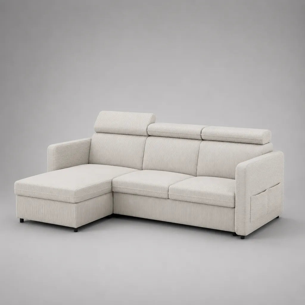 Canapé à 3 places avec ottoman à gauche, housse de corde, blanc cassé, 230 × 155 × 90 cm