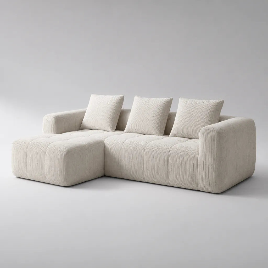 Ecksofa 3 places avec chaise longue gauche, corde polyester, forme L, blanc cassé, 270 × 170 × 76 cm