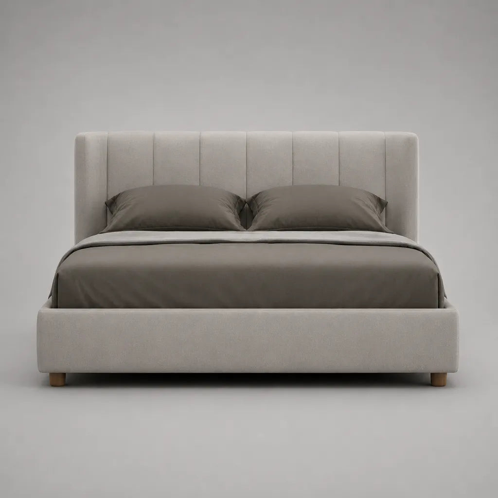 Lit rembourré beige avec sommier à lattes, housse en polyester et tête de lit divisée verticalement, couchage 160 × 200 cm, dimensions totales 218 × 178 × 110 cm