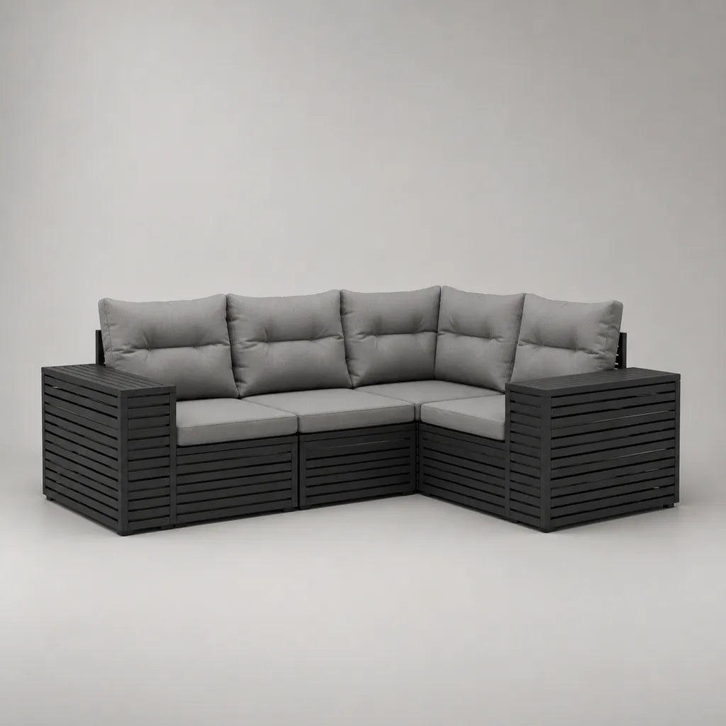 Canapé de jardin d autrefois modulaire 4 places en bois anthracite avec cousins gris clair, 210 × 140 × 75 cm