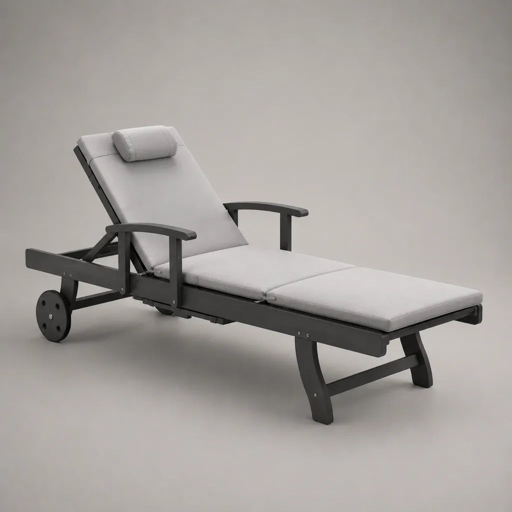 Bain de soleil incluable rectangulaire en acacia massif avec cousin en polyester, anthracite et gris clair, 200 × 70 × 85 cm