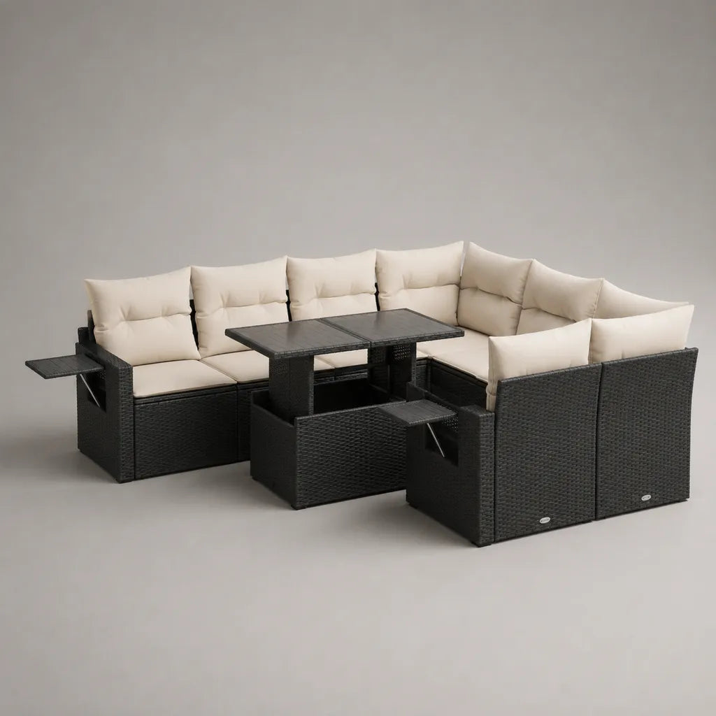 Salon de jardin d'angle 10 places en résis tion tressée et métal avec table en terre, 3 tabourets et cousins crème, noir, 260 × 200 × 83 cm