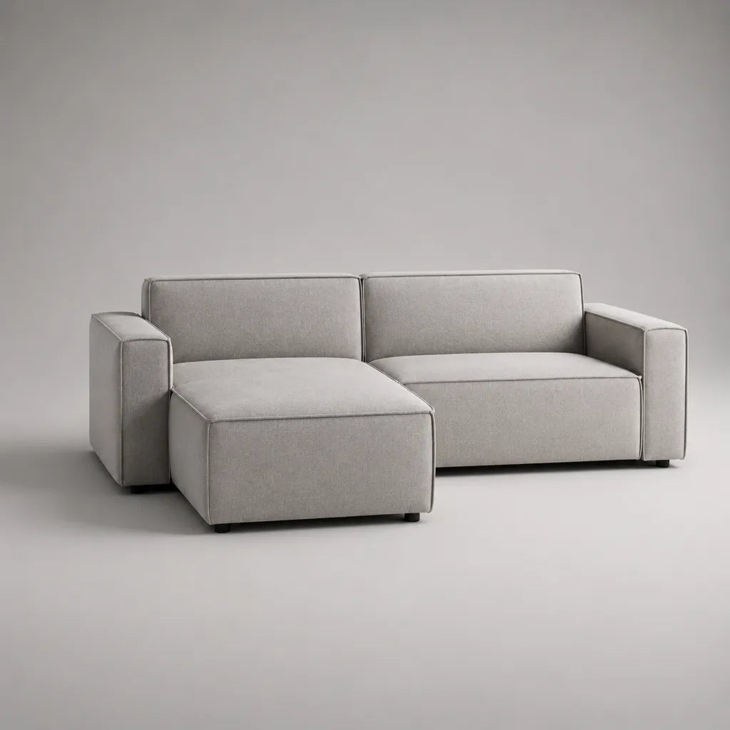 Canapé d'angle gris avec ottoman gauche, housse en tissu et rembourrage en mousse, forme L, 220 × 150 × 82 cm