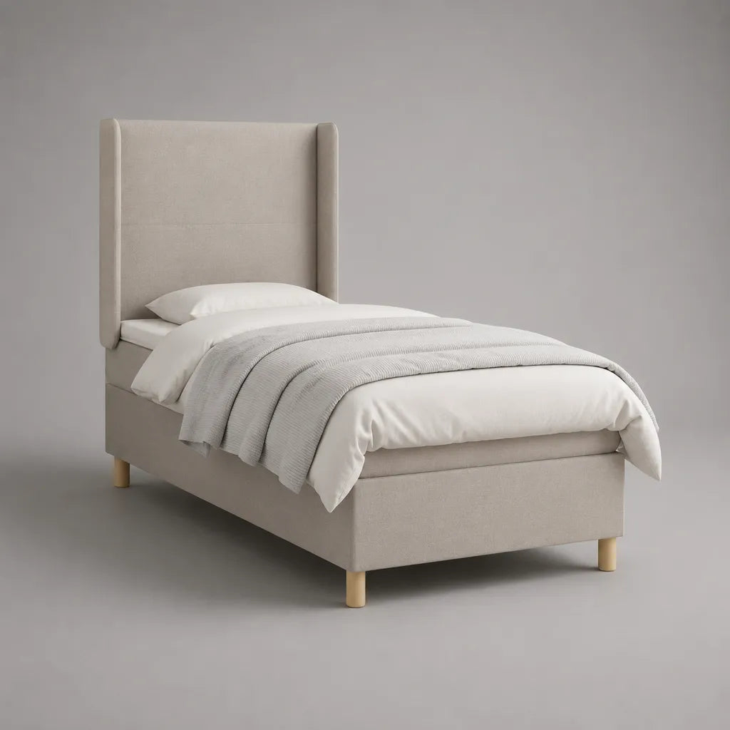 Lit rembourré lit simple avec tête de lit haute, housse en polyester, beige et bois naturel, 100 × 212 × 145 cm, couchage 90 × 200 cm