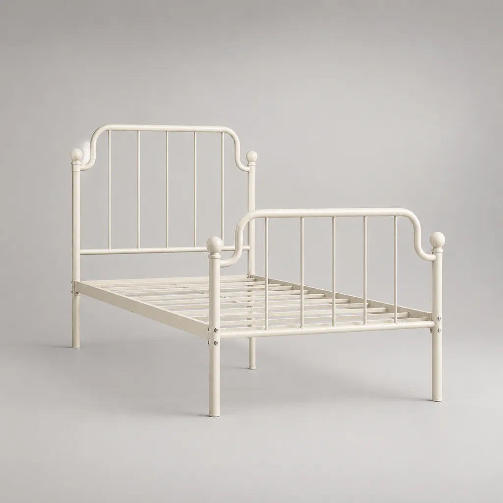 Lit en métal avec grille en acier, blanc cassé, surface allongée 140 × 190 cm, dimensions totales 198 × 146 × 112 cm