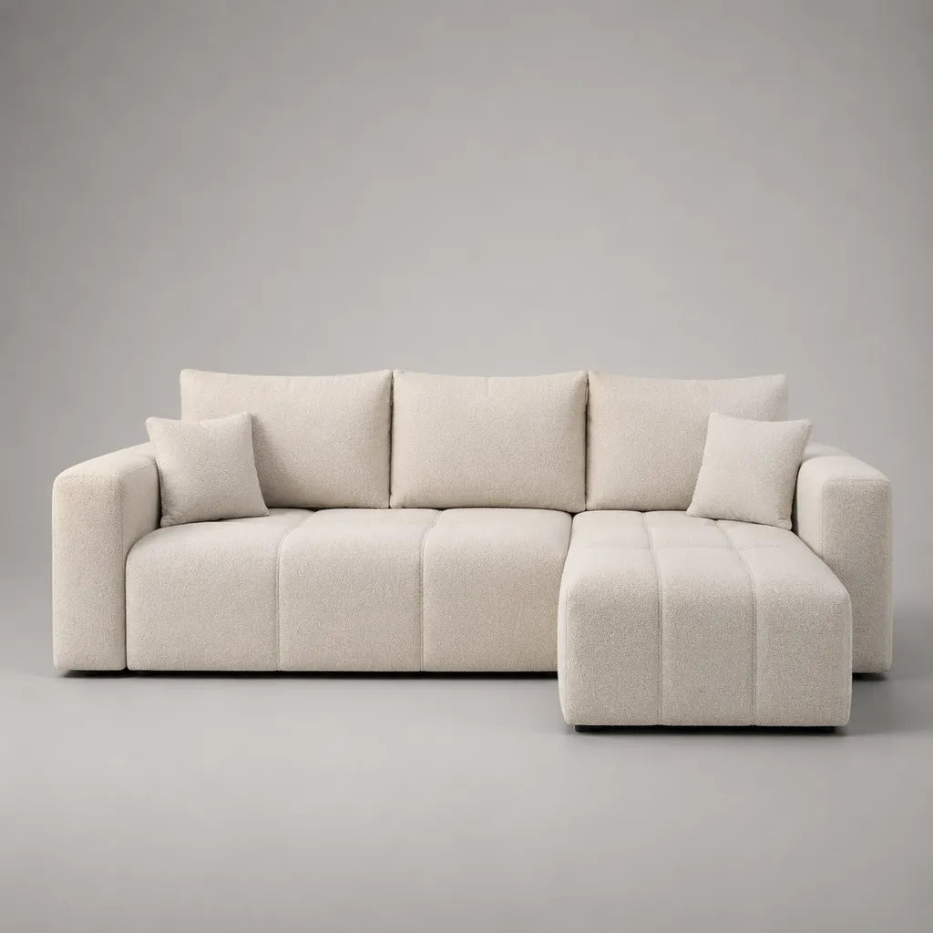 Canapé 3 places avec ottoman, 2 parties, en boulette polyester, blanc cassé, 240 × 170 × 82 cm