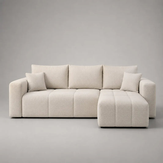 Canapé 3 places avec ottoman, 2 parties, en boulette polyester, blanc cassé, 240 × 170 × 82 cm