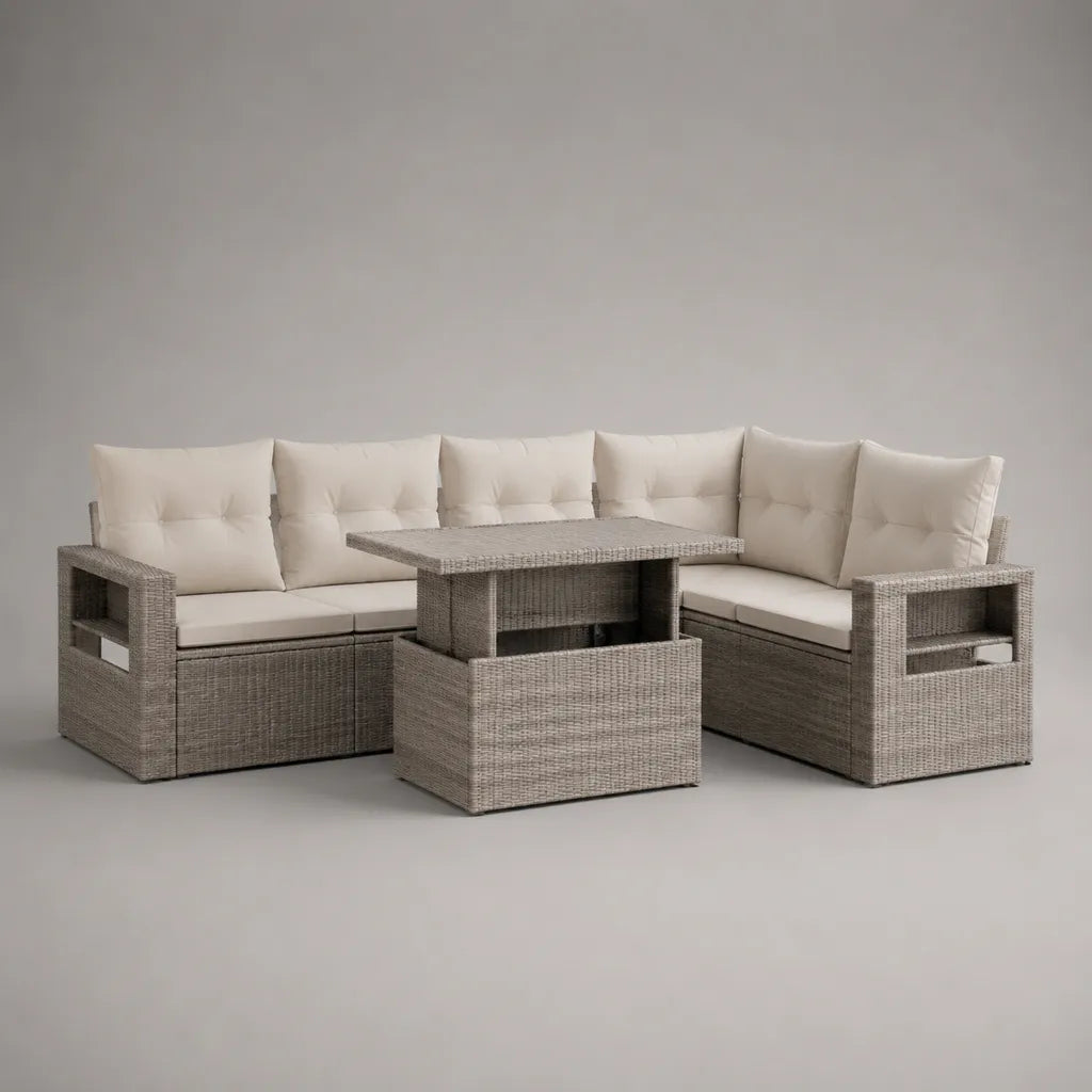 Salon de jardin d'angle 5 places en résine tressée gris taupe avec table valable et cousins blanc cassé, 191 × 191 × 74 cm