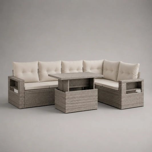 Salon de jardin d'angle 5 places en résine tressée gris taupe avec table valable et cousins blanc cassé, 191 × 191 × 74 cm