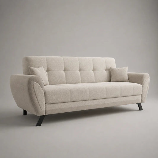 Canapé 3 places avec 2 coussins, tissu polyester, beige et noir, 210 × 88 × 86 cm