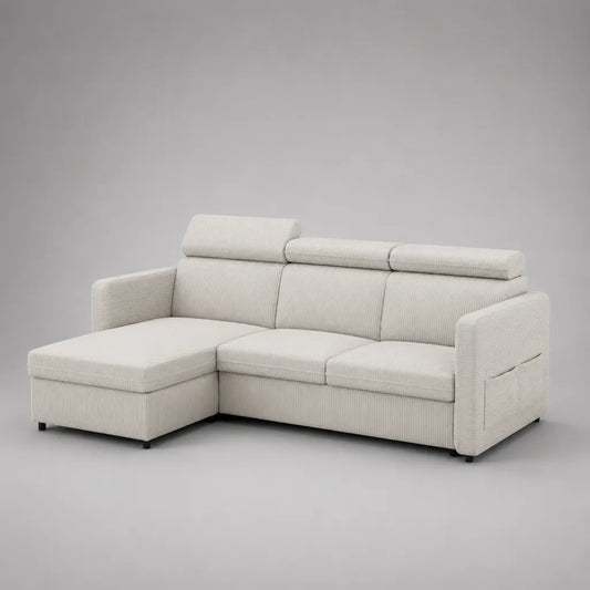 Canapé à 3 places avec ottoman à gauche, housse de corde, blanc cassé, 230 × 155 × 90 cm
