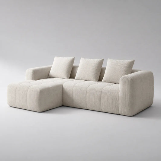 Ecksofa 3 places avec chaise longue gauche, corde polyester, forme L, blanc cassé, 270 × 170 × 76 cm