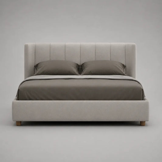 Lit rembourré beige avec sommier à lattes, housse en polyester et tête de lit divisée verticalement, couchage 160 × 200 cm, dimensions totales 218 × 178 × 110 cm