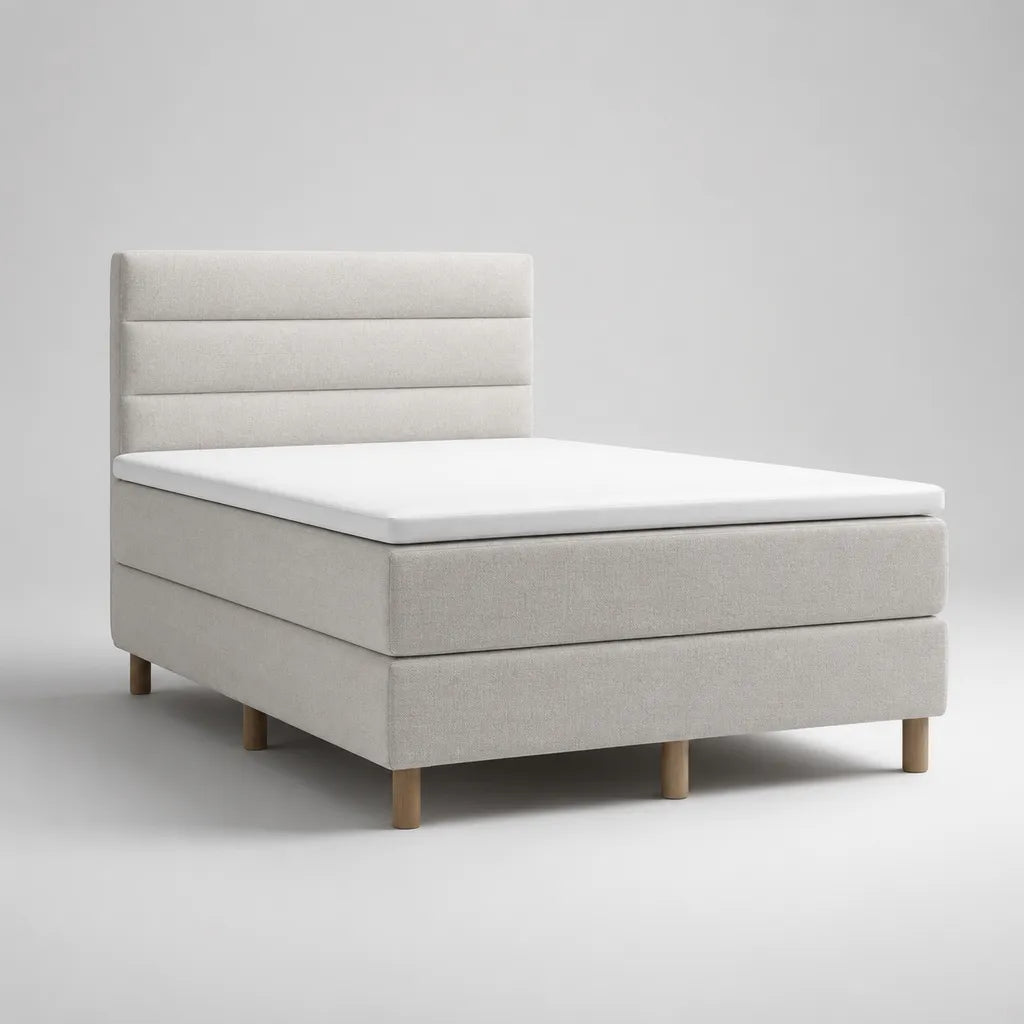 Lit boxspring avec matelas et Topper 140 × 200 cm, polyester, beige clair, dimensions totales 148 × 210 × 110 cm