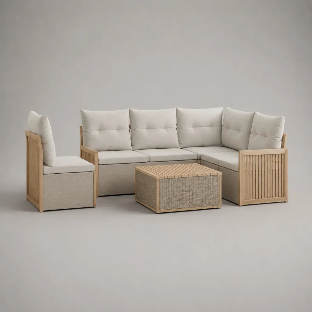 Ensemble de jardin déangle 3 pièces en bois et résine résée, beige clair, bois naturel et grége àcanapé 232 × 157 × 83 cm