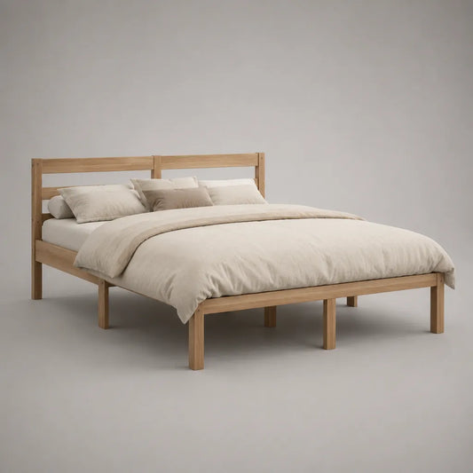 Lit double en bois avec tête de lit, bois naturel, couchage 160 × 200 cm, dimensions totales 168 × 208 × 90 cm