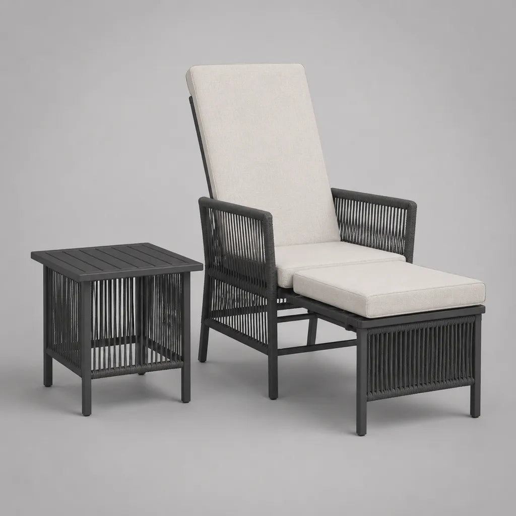 Bain de soleil incluable 2 pièces avec récupération-pieds retractable et table, acier etcorde PE, gris anthracite et écru, 152 × 68 × 105 cm