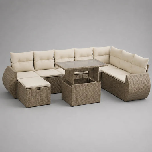 Salon de jardin extérior 10 places en résine traitée avec canapé en U, table Rectangulaire et 2 poufs, 250 × 190 × 75 cm
