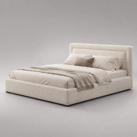 Lit double avec référence Bouclé et tête de lit rembourrée, crème et noir, couchage 160 × 200 cm, dimensions totales 222 × 178 × 110 cm