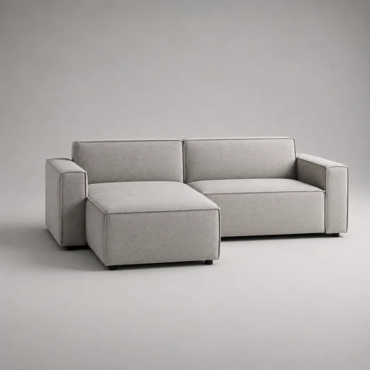 Canapé d'angle gris avec ottoman gauche, housse en tissu et rembourrage en mousse, forme L, 220 × 150 × 82 cm