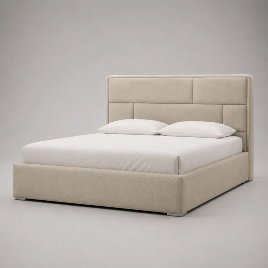 Lit double rembourré avec grille et revêtement web en polyester, beige, couchage 160 × 200 cm, dimensions totales environ 170 × 215 × 120 cm
