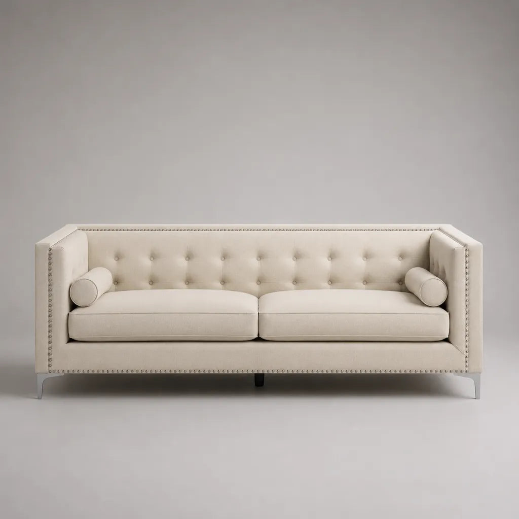 Canapé 3 places en polyester avec agrafe bouton et pieds en acier, blanc cassé, 220 × 85 × 75 cm