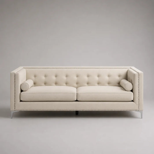 Canapé 3 places en polyester avec agrafe bouton et pieds en acier, blanc cassé, 220 × 85 × 75 cm