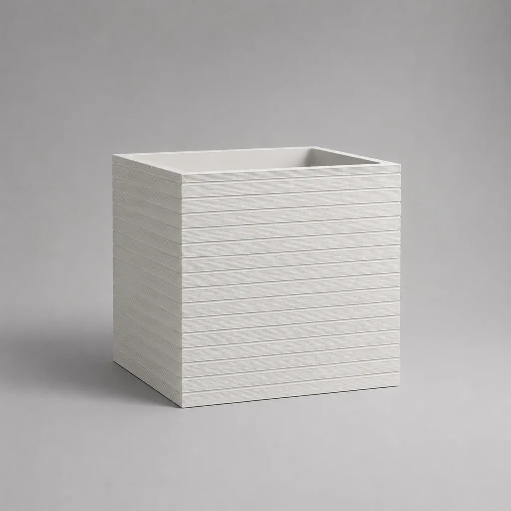 Pot de fleurs carré en résine polyester renforcé de fibres de terre, blanc strié, 40 × 40 × 45 cm