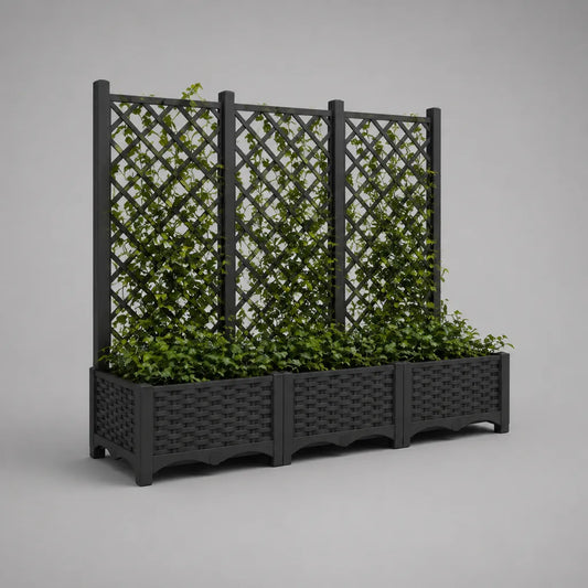Lot de 3 jardinières rectangulaires avec treillis en polypropylène anthracite, 120 × 40 × 136 cm