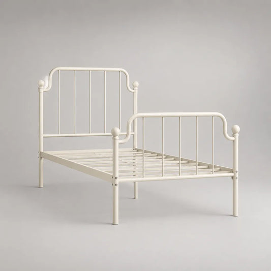 Lit en métal avec grille en acier, blanc cassé, surface allongée 140 × 190 cm, dimensions totales 198 × 146 × 112 cm