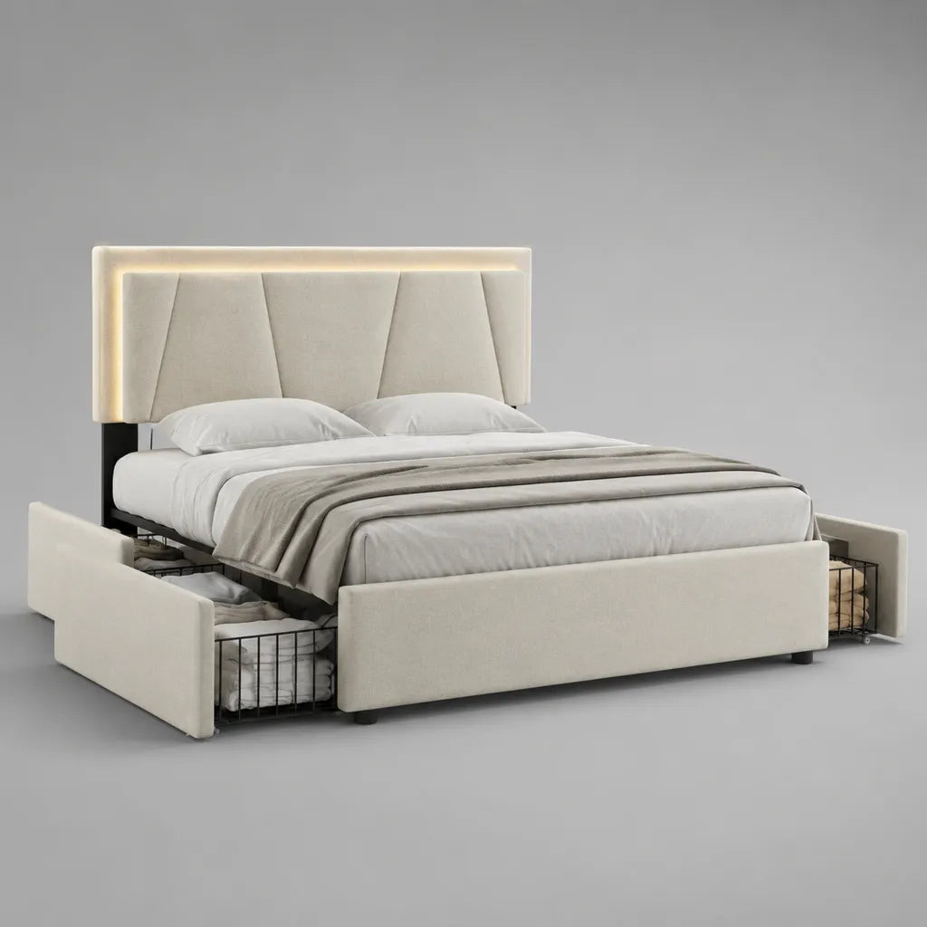 Lit double avec tête de lit LED, housse en velours polyester et 4 paniers en métal amovibles, blanc cassé/noir, 160 × 200 cm