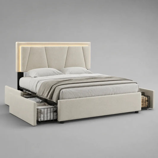 Lit double avec tête de lit LED, housse en velours polyester et 4 paniers en métal amovibles, blanc cassé/noir, 160 × 200 cm