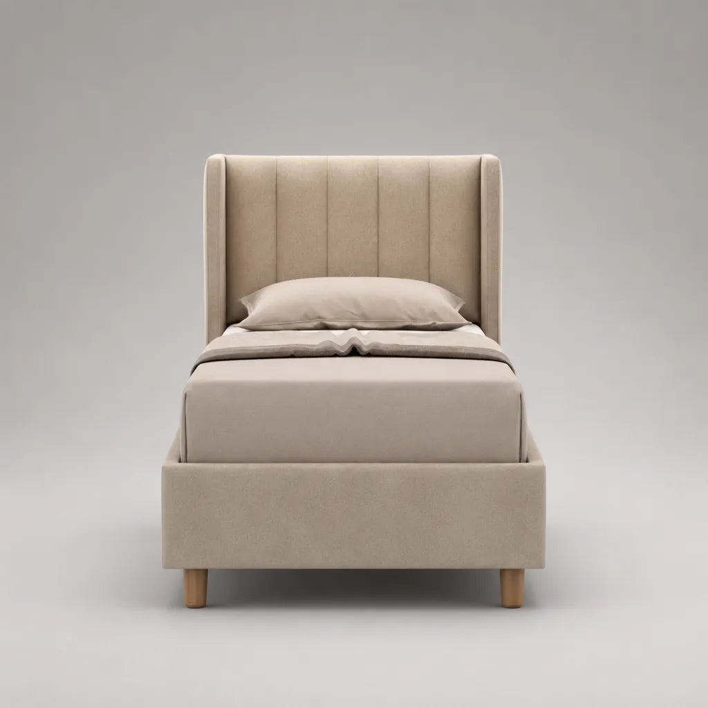 Lit rembourré avec grille et couverture en polyester, beige, couchage 90 × 200 cm, dimensions totales 214 × 105 × 120 cm