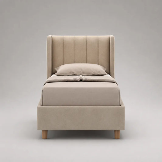 Lit rembourré avec grille et couverture en polyester, beige, couchage 90 × 200 cm, dimensions totales 214 × 105 × 120 cm