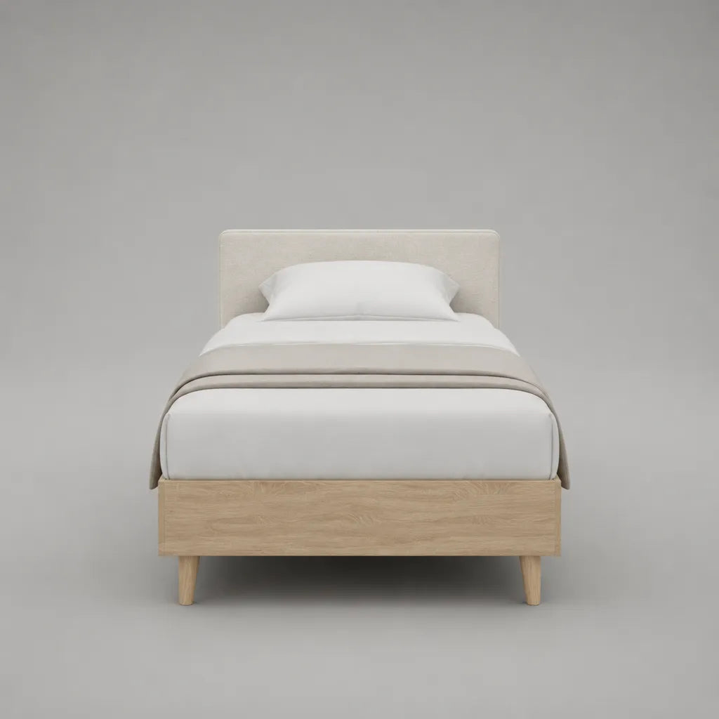 Lit simple en bois avec tête de lit en tissu, couchage 90 × 200 cm, nature et blanc cassé
