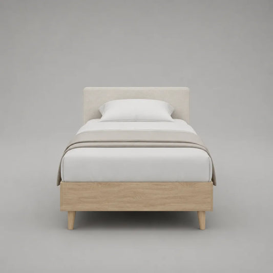 Lit simple en bois avec tête de lit en tissu, couchage 90 × 200 cm, nature et blanc cassé