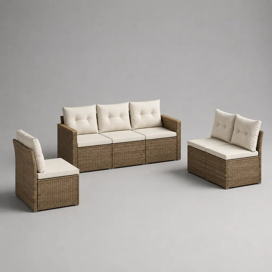 Salon de jardin extérior 6 places, 3 pièces en résistée et acier, brun et crème, canapé 3 places 190 × 75 × 78 cm